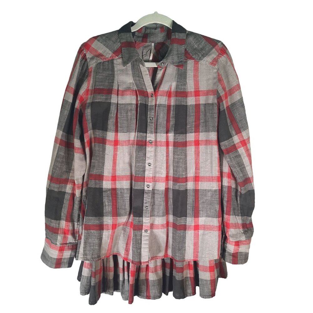 Free People Peppy In Plaid Gray Red Button Up Ruffle Back Oversized Blouse - Picture 3 of 11